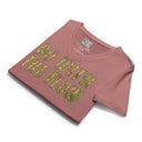 front flat heather mauve Women’s V-neck Go With The Flow tee with lettering filled with foxtail fountain grass photographed in Yorba Linda, California