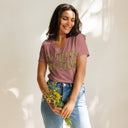 front heather mauve Women’s V-neck Go With The Flow tee with lettering filled with foxtail fountain grass photographed in Yorba Linda, California