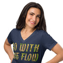 front close heather navy Women’s V-neck Go With The Flow tee with lettering filled with foxtail fountain grass photographed in Yorba Linda, California