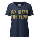 front heather navy ghost Women’s V-neck Go With The Flow tee with lettering filled with foxtail fountain grass photographed in Yorba Linda, California
