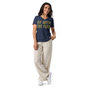 front heather navy Women’s V-neck Go With The Flow tee with lettering filled with foxtail fountain grass photographed in Yorba Linda, California