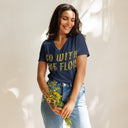 front heather navy Women’s V-neck Go With The Flow tee with lettering filled with foxtail fountain grass photographed in Yorba Linda, California