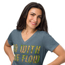front close heather slate Women’s V-neck Go With The Flow tee with lettering filled with foxtail fountain grass photographed in Yorba Linda, California