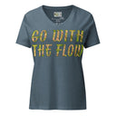 front heather slate ghost Women’s V-neck Go With The Flow tee with lettering filled with foxtail fountain grass photographed in Yorba Linda, California