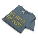 front flat heather slate Women’s V-neck Go With The Flow tee with lettering filled with foxtail fountain grass photographed in Yorba Linda, California
