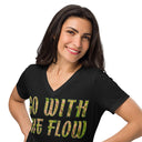 front close black Women’s V-neck Go With The Flow tee with lettering filled with foxtail fountain grass photographed in Yorba Linda, California