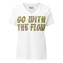 front white ghost Women’s V-neck Go With The Flow tee with lettering filled with foxtail fountain grass photographed in Yorba Linda, California