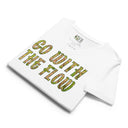 front flat white Women’s V-neck Go With The Flow tee with lettering filled with foxtail fountain grass photographed in Yorba Linda, California