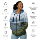Front view of female model in zip-up hoodie with full-scene Cliffs of Moher coastal print, front zipper, drawcord hood