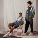 Front and side view of male and female models in zip-up hoodie with full-scene Cliffs of Moher coastal print, front zipper, drawcord hood