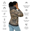 Right back view of female model wearing zip-up hoodie with all-over Cliffs of Moher rock-layer pattern, full zipper, drawcord hood by Images On Me. Additional features displayed.