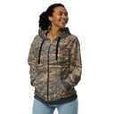 Front view of female model wearing zip-up hoodie with all-over Cliffs of Moher rock-layer pattern, full zipper, drawcord hood by Images On Me.
