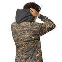 Right back view of male model in zip-up hoodie with all-over Cliffs of Moher rock-layer pattern, full zipper, drawcord hood by Images On Me.