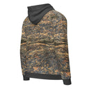 Right back view of ghost model in zip-up hoodie with all-over Cliffs of Moher rock-layer pattern, full zipper, drawcord hood by Images On Me.