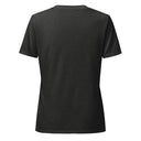 back dark grey heather Women’s V-neck Just Breathe tee with lettering filled with a scenic Alaska water and mountain photograph