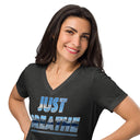 close dark grey Women’s V-neck Just Breathe tee with lettering filled with a scenic Alaska water and mountain photograph