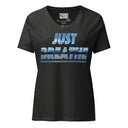 front dark grey heather ghost Women’s V-neck Just Breathe tee with lettering filled with a scenic Alaska water and mountain photograph