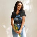 front dark grey heather Women’s V-neck Just Breathe tee with lettering filled with a scenic Alaska water and mountain photograph