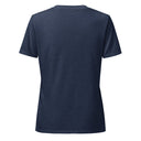 back heather navy Women’s V-neck Just Breathe tee with lettering filled with a scenic Alaska water and mountain photograph