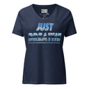 front heather navy ghost Women’s V-neck Just Breathe tee with lettering filled with a scenic Alaska water and mountain photograph