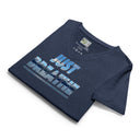flate heather navy Women’s V-neck Just Breathe tee with lettering filled with a scenic Alaska water and mountain photograph