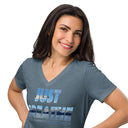 close heather slate Women’s V-neck Just Breathe tee with lettering filled with a scenic Alaska water and mountain photograph