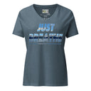 front heather slate ghostWomen’s V-neck Just Breathe tee with lettering filled with a scenic Alaska water and mountain photograph