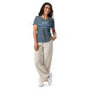 front heather slate Women’s V-neck Just Breathe tee with lettering filled with a scenic Alaska water and mountain photograph