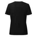 back black Women’s V-neck Just Breathe tee with lettering filled with a scenic Alaska water and mountain photograph