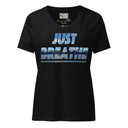 front black ghost Women’s V-neck Just Breathe tee with lettering filled with a scenic Alaska water and mountain photograph