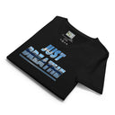 flat black Women’s V-neck Just Breathe tee with lettering filled with a scenic Alaska water and mountain photograph