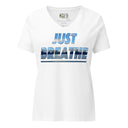 front white ghost Women’s V-neck Just Breathe tee with lettering filled with a scenic Alaska water and mountain photograph