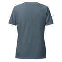 back heather slate Women’s V-neck Just Breathe tee with lettering filled with a scenic Alaska water and mountain photograph