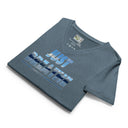 flat heather slate Women’s V-neck Just Breathe tee with lettering filled with a scenic Alaska water and mountain photograph