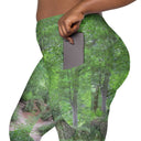 Left pocket in crossover waist leggings with Legendary Irish Castle Secret Path print captured behind Blarney Castle, Ireland