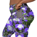Close-up of left pocket on crossover-waist leggings featuring Castle Lobelias floral print captured at Dromoland Castle, County Clare, Ireland