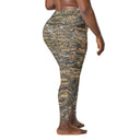 Right back view of female model wearing crossover-waist leggings with all-over Cliffs of Moher rock-layer pattern (Nature’s Pattern) by Images On Me.