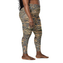 Right side view of female model wearing crossover-waist leggings with all-over Cliffs of Moher rock-layer pattern (Nature’s Pattern) by Images On Me.