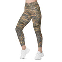 Left front view of female model wearing crossover-waist leggings with all-over Cliffs of Moher rock-layer pattern (Nature’s Pattern) by Images On Me.