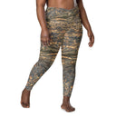 Right front view of female model wearing crossover-waist leggings with all-over Cliffs of Moher rock-layer pattern (Nature’s Pattern) by Images On Me.