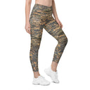 Right side view of female model wearing crossover-waist leggings with all-over Cliffs of Moher rock-layer pattern (Nature’s Pattern) by Images On Me.