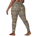 Left back view of female model wearing crossover-waist leggings with all-over Cliffs of Moher rock-layer pattern (Nature’s Pattern) by Images On Me.