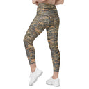 Left back view of female model wearing crossover-waist leggings with all-over Cliffs of Moher rock-layer pattern (Nature’s Pattern) by Images On Me.