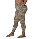 Left side view of female model wearing crossover-waist leggings with all-over Cliffs of Moher rock-layer pattern (Nature’s Pattern) by Images On Me.
