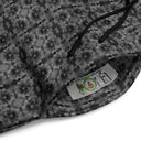 Pocket close-up of unisex wide-leg joggers with monochrome dahlia pattern — Victoria Island Monochrome Charm