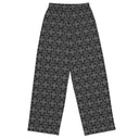 Back flat view of unisex wide-leg lightweight pants with monochrome dahlia pattern — Victoria Island Monochrome Charm