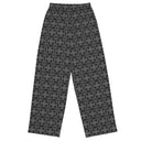 Back flat view of unisex wide-leg lightweight pants with monochrome dahlia pattern — Victoria Island Monochrome Charm