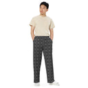 Front view of male model in unisex wide-leg lightweight pants with monochrome dahlia pattern — Victoria Island Monochrome Charm