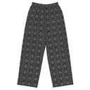 Flat front view of unisex wide-leg lightweight pants with monochrome dahlia pattern — Victoria Island Monochrome Charm