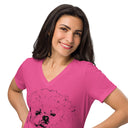 front berry Women’s V-neck Playful Pup tee featuring a Shih-poo (Shih Tzu Poodle mix) with her tongue sticking out